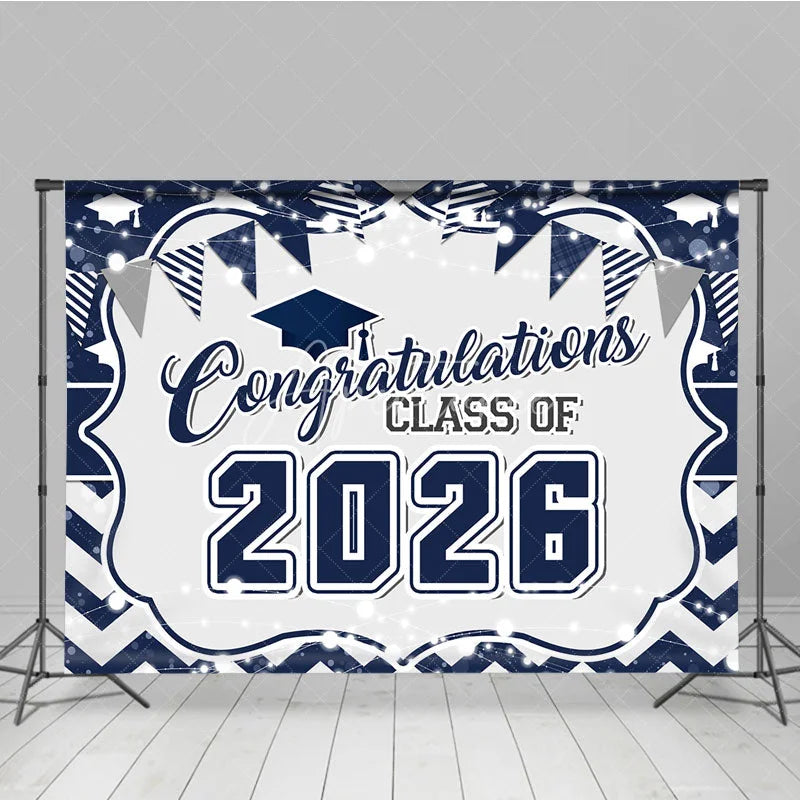 Aperturee - Indigo White Stripe Bokeh 2026 Grad Photo Booth Backdrop
