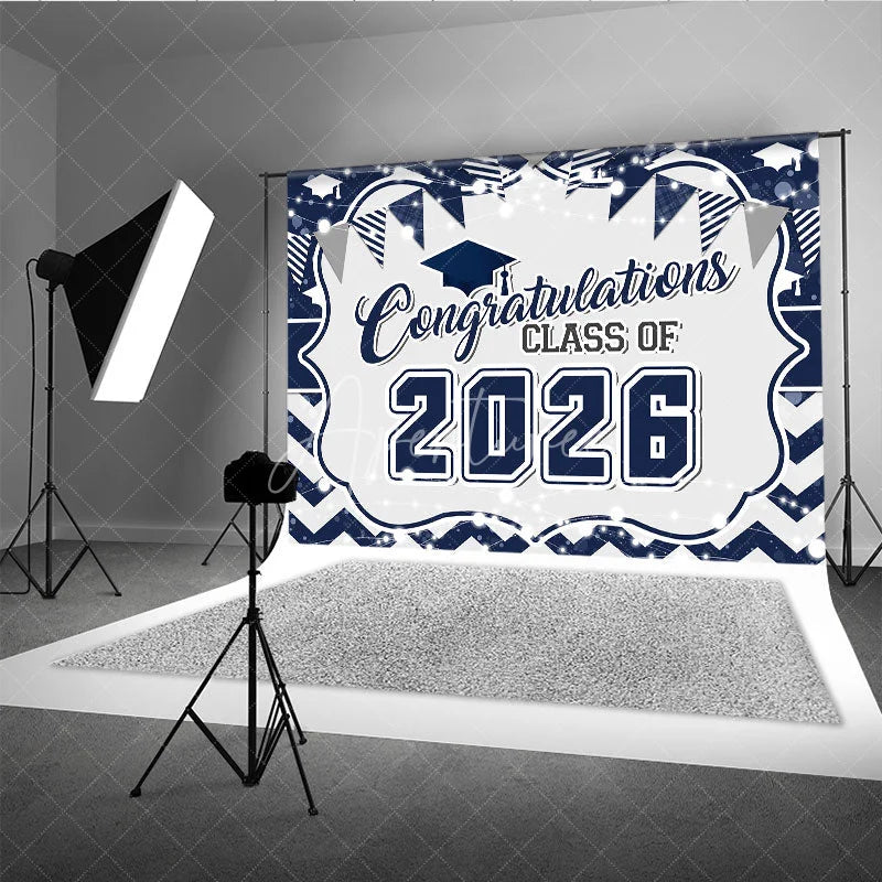 Aperturee - Indigo White Stripe Bokeh 2026 Grad Photo Booth Backdrop
