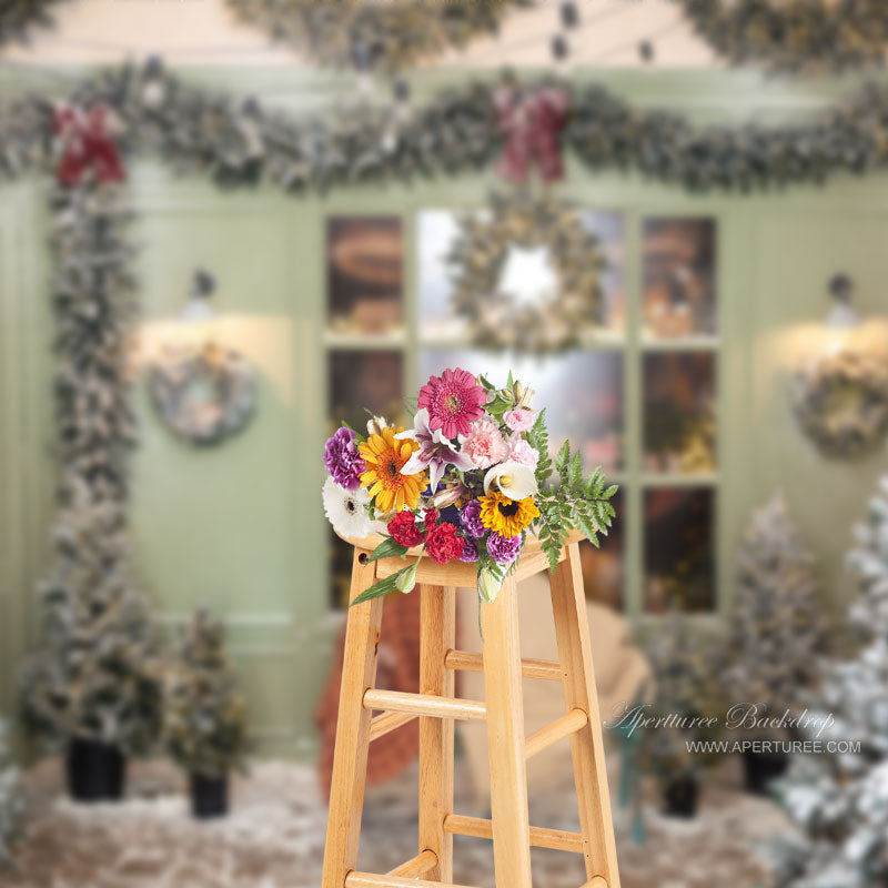 Aperturee - Indoor Trees Green Door Window Wreath Christmas Backdrop