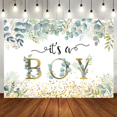 Aperturee - Its A Boy With Leaves And Spot Baby Shower Backdrop