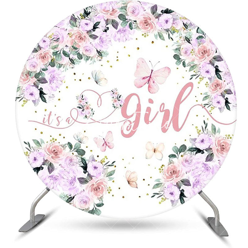 Aperturee - Its A Girl Pink Floral Round Baby Shower Backdrop