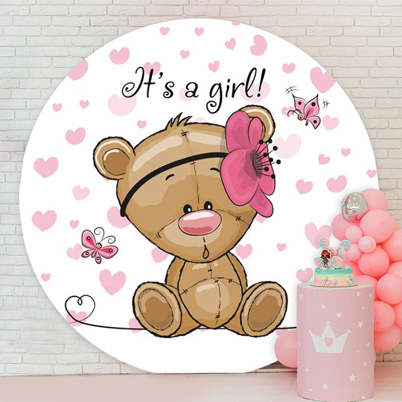 Aperturee - Its A Girl Round Pink Bear Baby Shower Backdrop