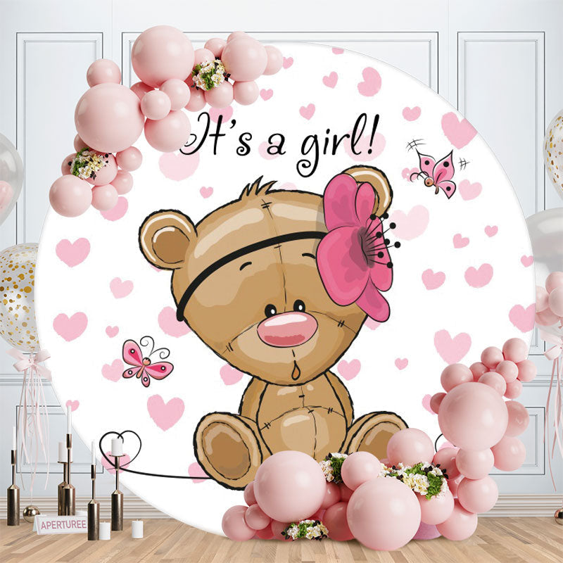 Aperturee - Its A Girl Round Pink Bear Baby Shower Backdrop