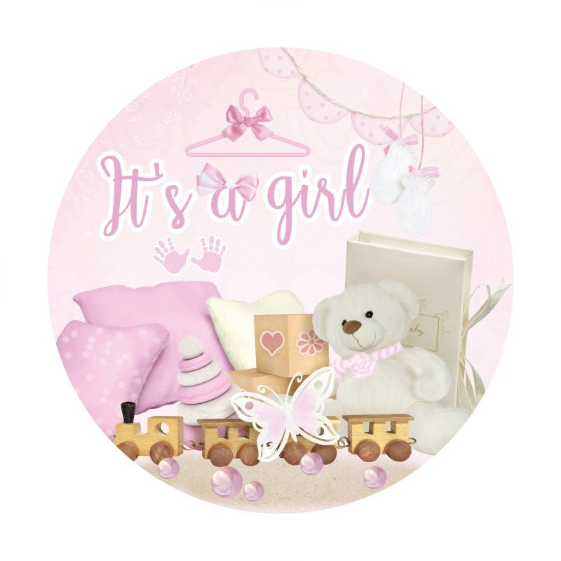 Aperturee - Its A Girl Teddy Bear Round Pink Baby Shower Backdrop