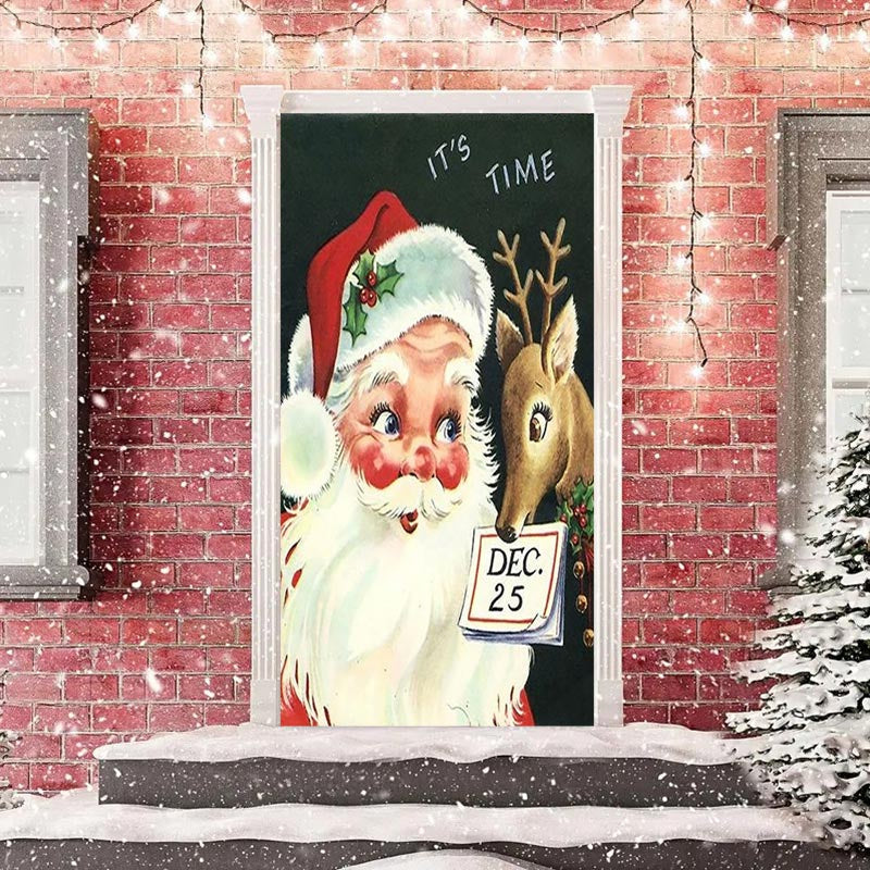 Aperturee - Its Time Santa Claus Elk Green Christmas Door Cover