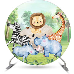 Aperturee - Jungle Animals And Green Forest Round Birthday Backdrop Kit