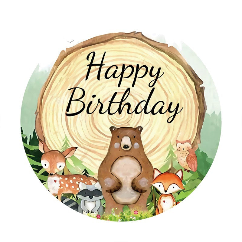 Aperturee - Jungle Animals And Log Wood Round Birthday Backdrop