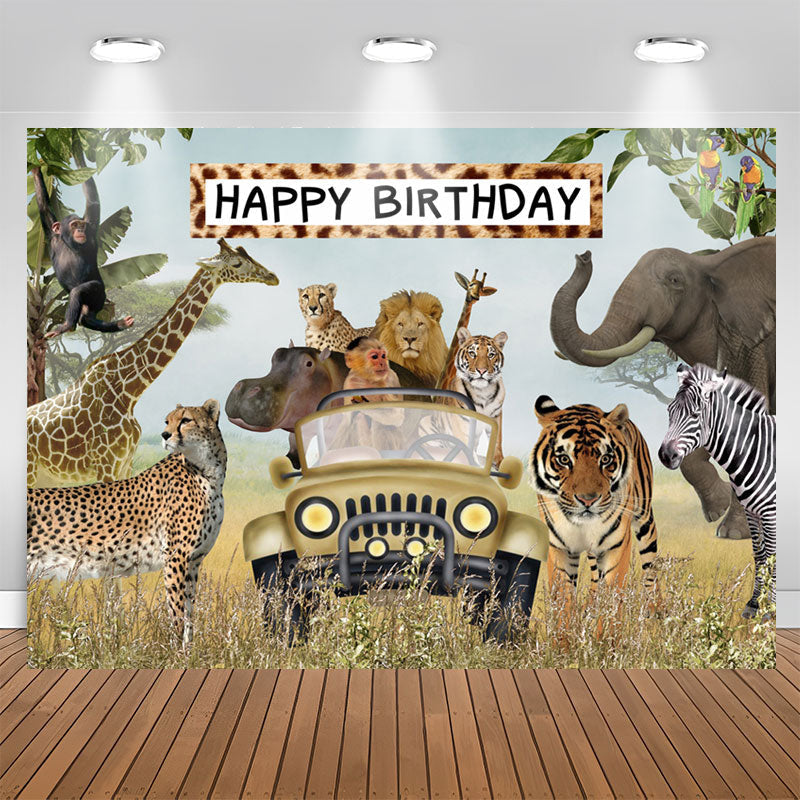 Aperturee - Jungle Animals Happy Birthday Wildlife Backdrop for Boys