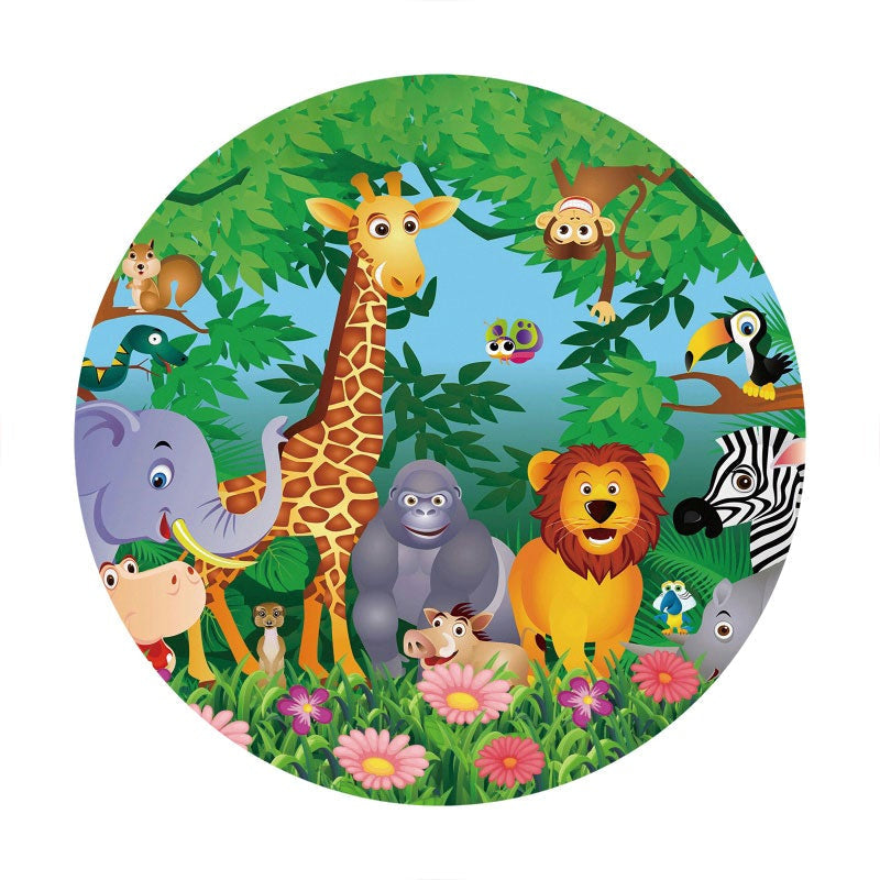 Aperturee - Jungle Animals Round Happy Birthday Backdrop For Kids