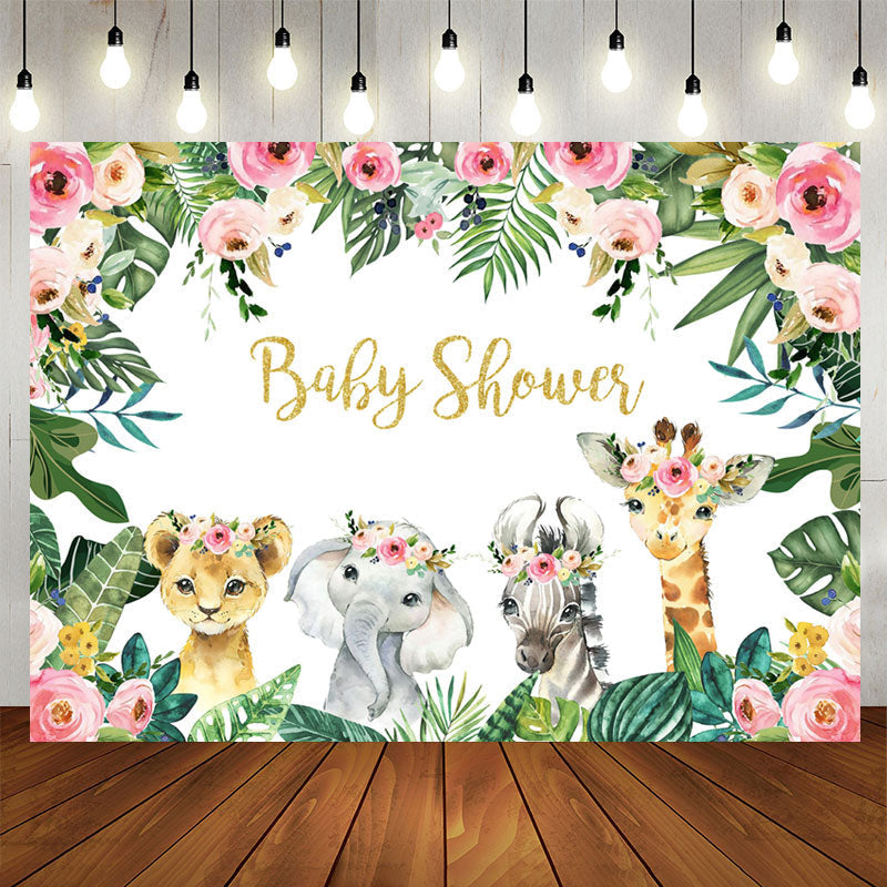 Aperturee - Jungle Pink Rose and Baby Animals Baby Shower Backdrop