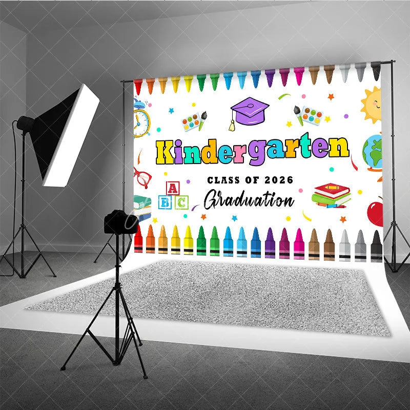 Aperturee - Kindergarten Colored Crayon Kids Graduation Backdrop