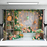 Aperturee - Lantern Pink Curtain Green Grass Photo Booth Backdrop