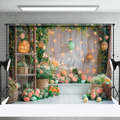 Aperturee - Lantern Pink Curtain Green Grass Photo Booth Backdrop