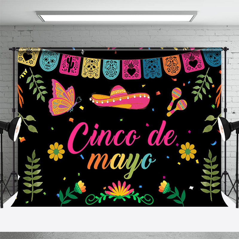 Aperturee - Leaves Black Pink Cinco De Mayo Mexican Fiesta Backdrop