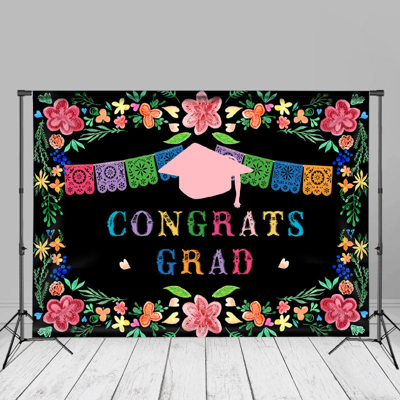 Aperturee - Leaves Pink Floral Cap Congrats Grad Photo Backdrop