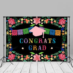 Aperturee - Leaves Pink Floral Cap Congrats Grad Photo Backdrop