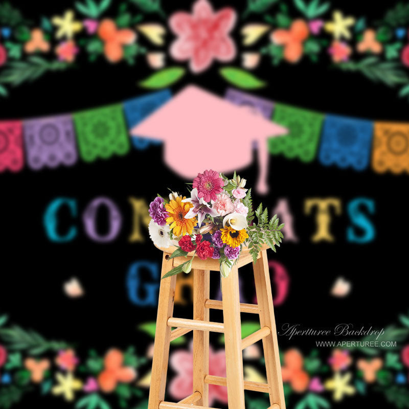 Aperturee - Leaves Pink Floral Cap Congrats Grad Photo Backdrop