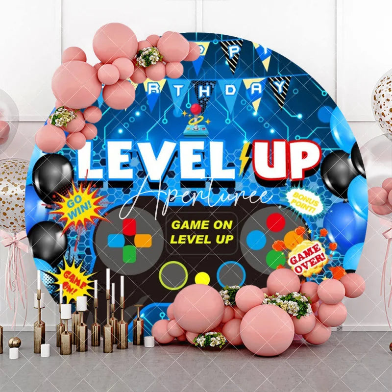Aperturee - Level Up Gamepad Balloon Blue Round Birthday Backdrop