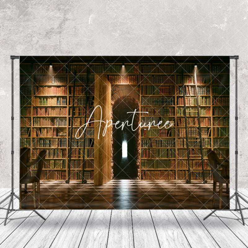 Aperturee - Library Bookcase Arch Vintage Wall Photo Backdrop