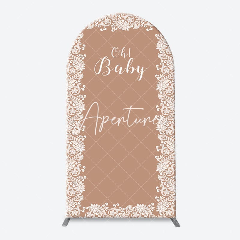 Aperturee - Light Brown White Leaf Pattern Oh Baby Arch Backdrop