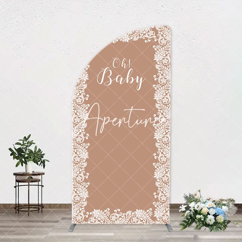 Aperturee - Light Brown White Leaf Pattern Oh Baby Arch Backdrop