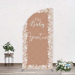 Aperturee - Light Brown White Leaf Pattern Oh Baby Arch Backdrop