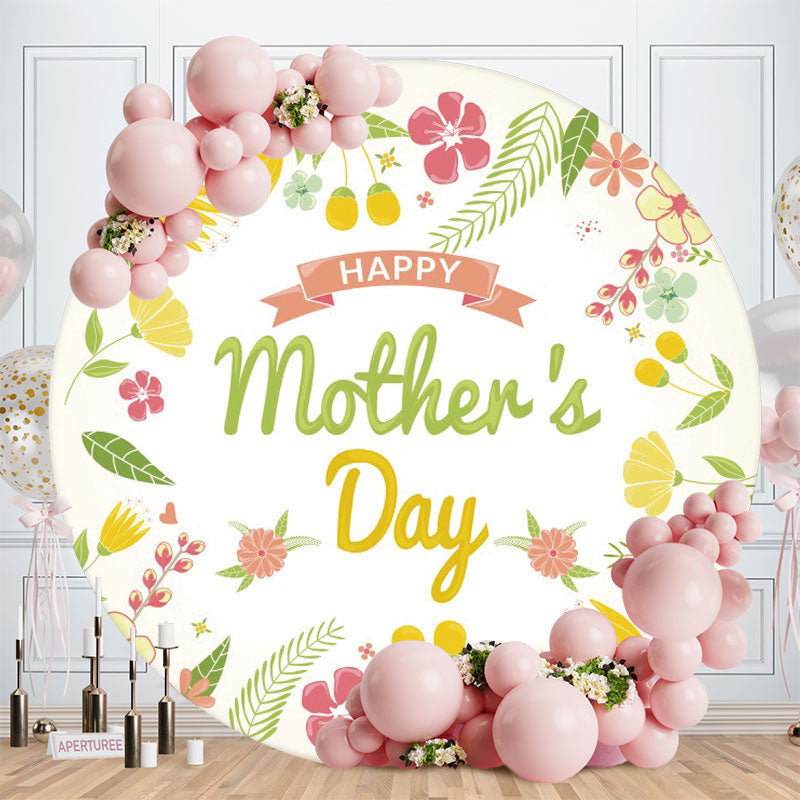 Aperturee - Light Green Leaves Round Happy Mothers Day Backdrop