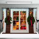 Aperturee - Light Green Wreath White Window Christmas Backdrop