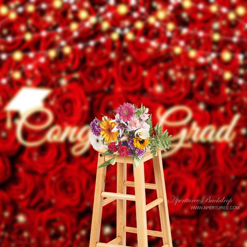 Aperturee - Light Red Rose Congrats Grad Backdrop For Photo