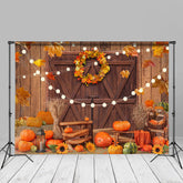 Aperturee - Light Wood Door Pumpkin Maple Leaves Autumn Backdrop
