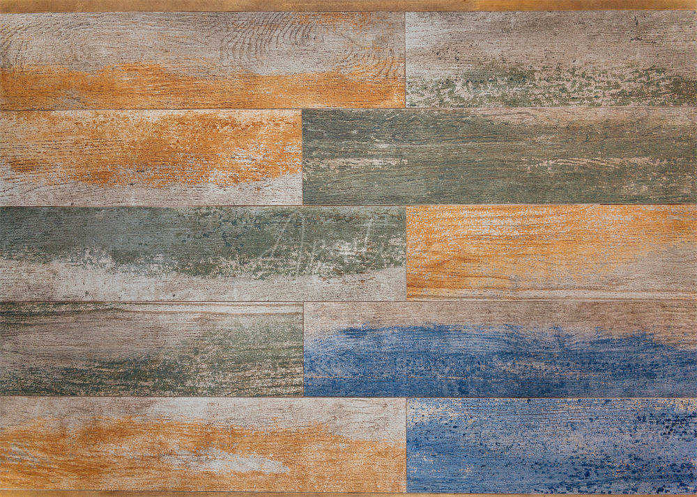 Aperturee - Light Yellow Blue Paint Old Wood Rubber Floor Mat