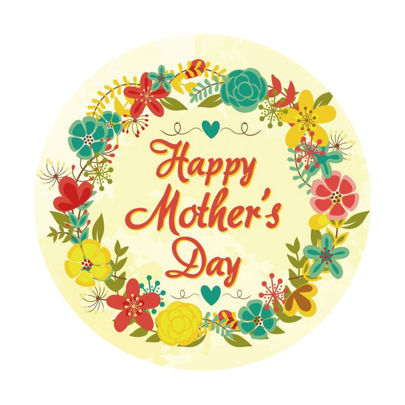 Aperturee - Light Yellow Floral Round Happy Mothers Day Backdrop