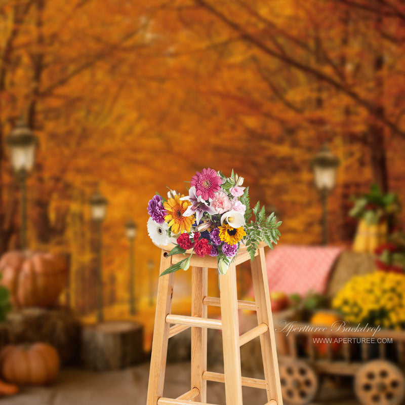 Aperturee - Light Yellow Maple Forest Pumpkin Autumn Backdrop