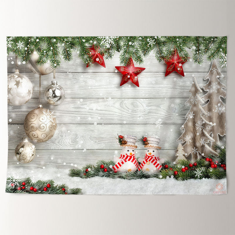 Aperturee - Litter Snowman Red Star Wood Christmas Backdrop