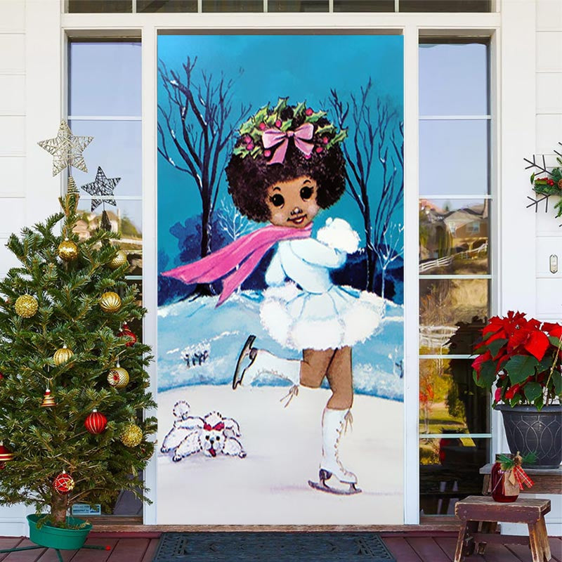 Aperturee - Little Girl Skating Snowfield Christmas Door Cover