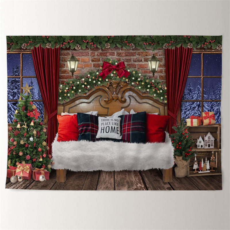 Aperturee - Livin Room Deco Tree Red Curtain Xmas Eve Backdrop