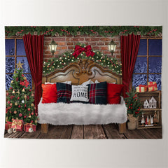 Aperturee - Livin Room Deco Tree Red Curtain Xmas Eve Backdrop