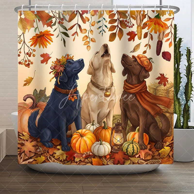 Aperturee - Lofaris Cute Labrador Dogs and Pumpkins Autumn Fall Shower Curtain Rustic Harvest Season Decor