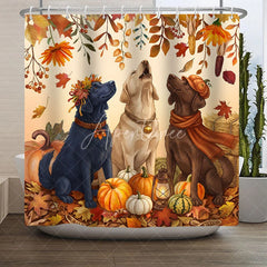 Aperturee - Lofaris Cute Labrador Dogs and Pumpkins Autumn Fall Shower Curtain Rustic Harvest Season Decor