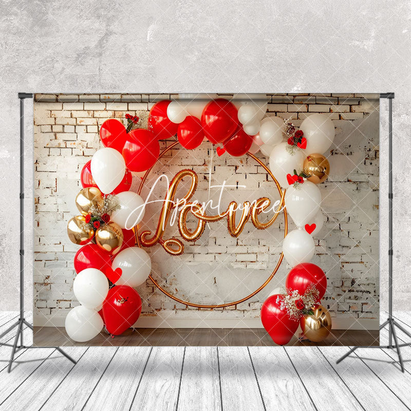 Aperturee - Love Balloon Arch Brick Wall Valentines Day Backdrop