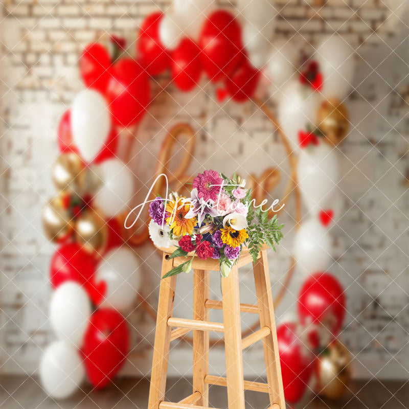 Aperturee - Love Balloon Arch Brick Wall Valentines Day Backdrop