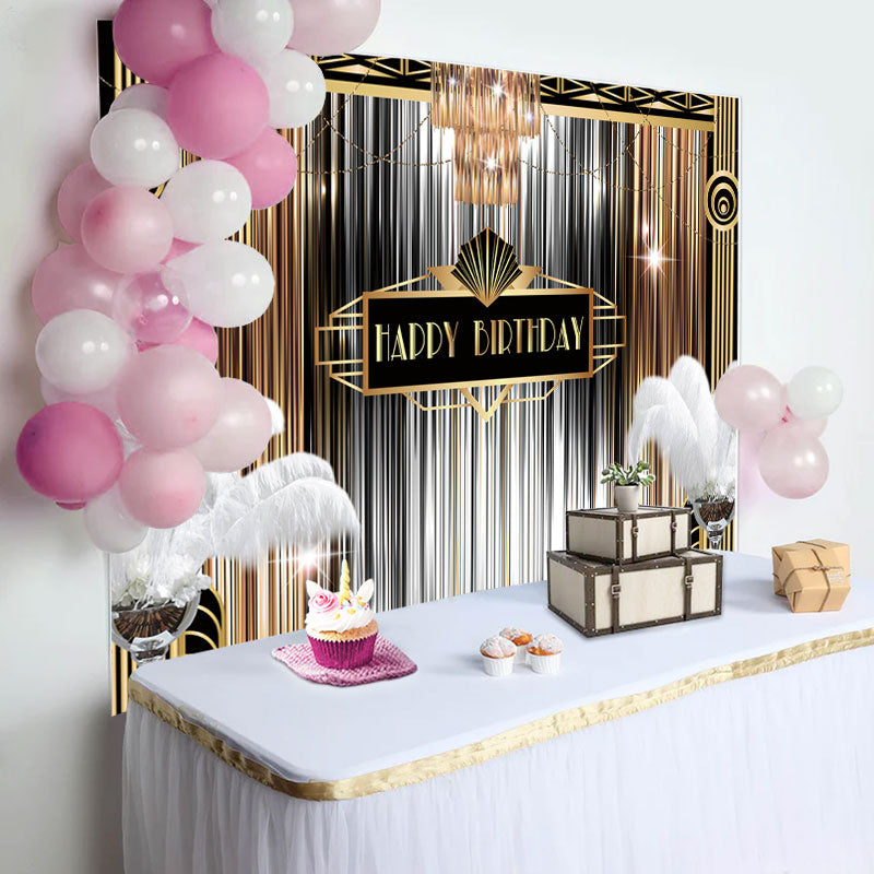 Aperturee - Luxurious Gold Silver Line Feather Birthday Backdrop