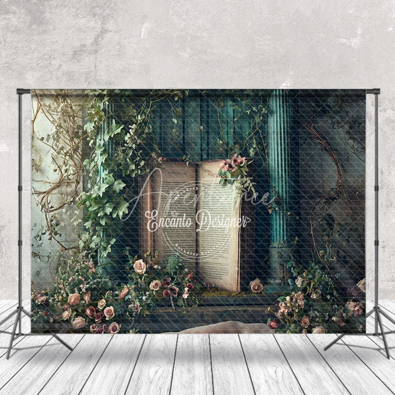 Aperturee - Magic Book Among Fantasy Flowers Spring Backdrop