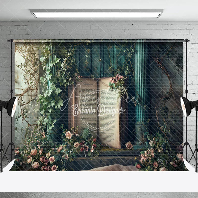 Aperturee - Magic Book Among Fantasy Flowers Spring Backdrop
