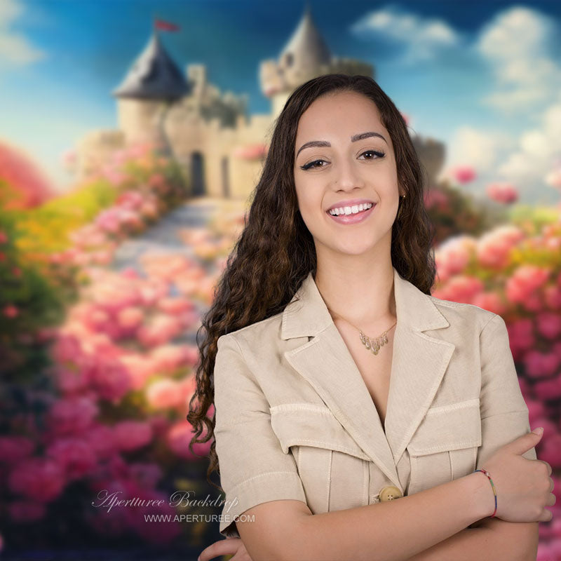 Aperturee - Medieval Castle Pink Rose Square Backdrop For Photo