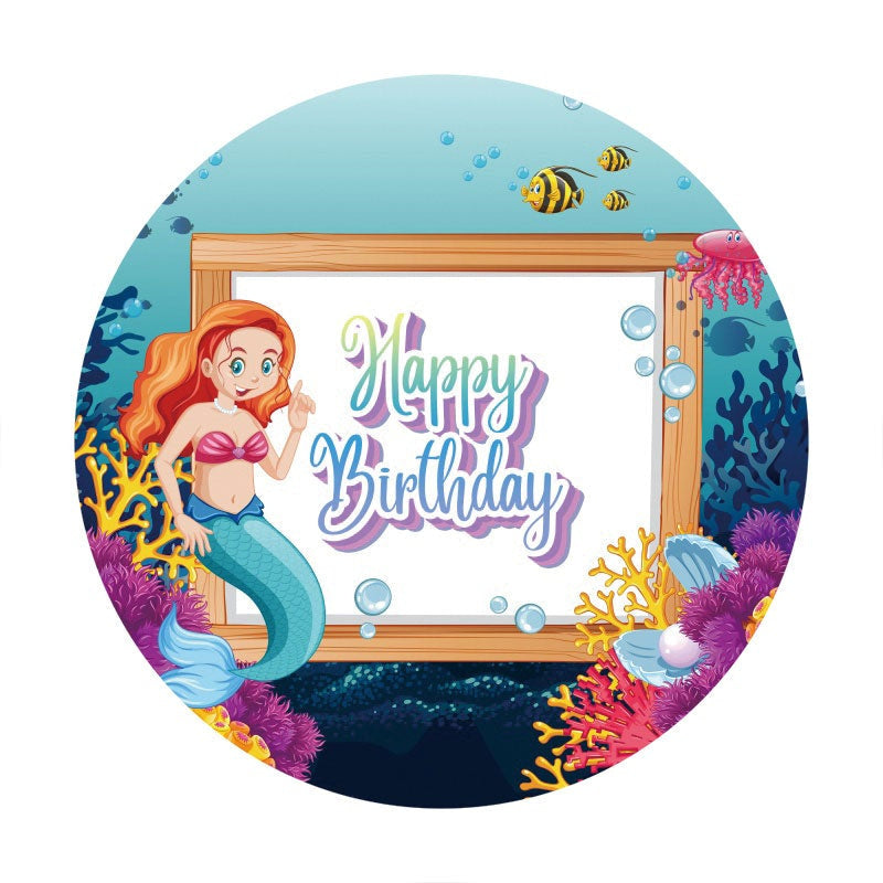 Aperturee - Mermaid Sea World Round Happy Birthday Backdrop