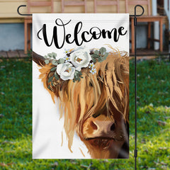 Aperturee - Merry Christmas Floral Yellow Cow Burlap Garden Flag