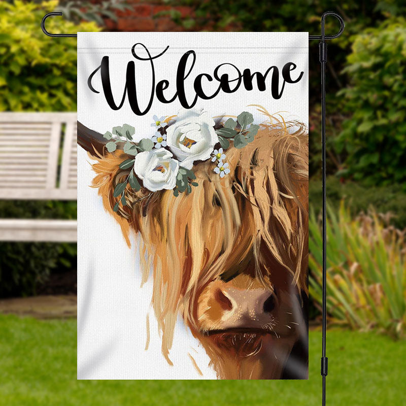 Aperturee - Merry Christmas Floral Yellow Cow Burlap Garden Flag