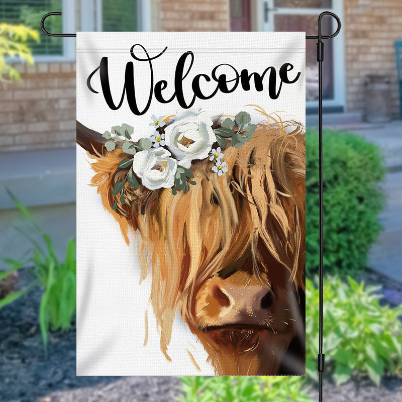 Aperturee - Merry Christmas Floral Yellow Cow Burlap Garden Flag