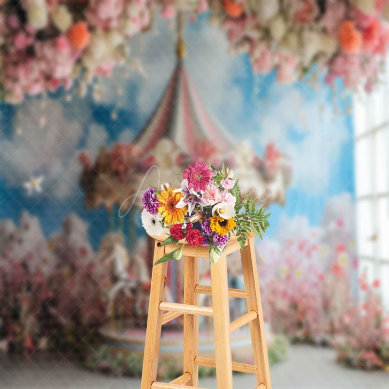 Aperturee - Merry Go Round Pink Floral Blue Sky Cloud Backdrop